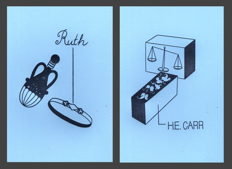 Two silver-blue letterpress prints on blue paper