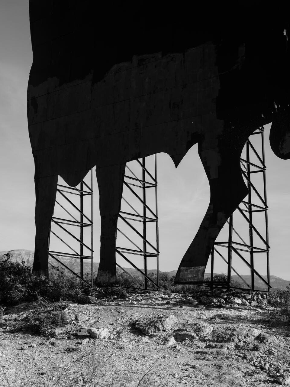 Black and white photograph of a part of a bull billboard located in Spain