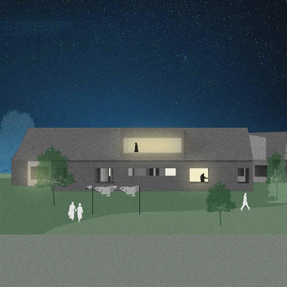 Nighttime rendering of the front of a suburban home, taken from the street view