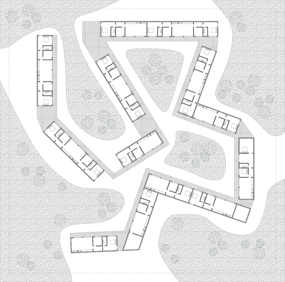 Ground floor plan depicting variations in size of dwellings to accomodate different types of families