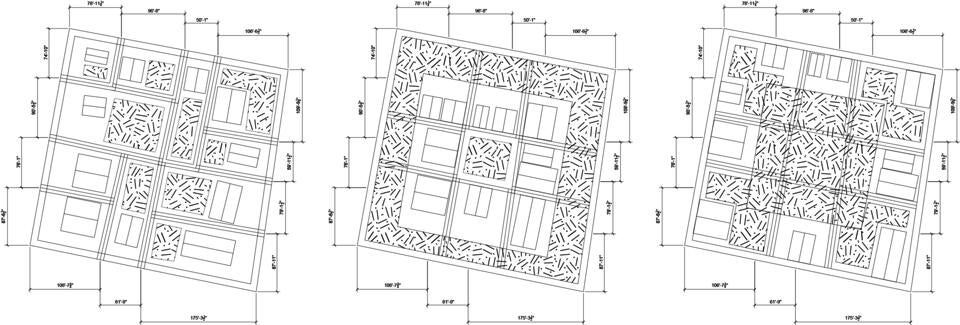 Diagram depicting three-step iteration of block configurations- from houses situated at the outermost edge of the lot to the innermost edge