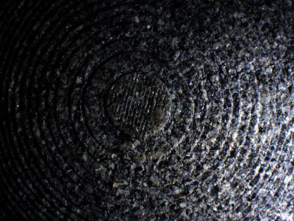 Microscopic imaging 400x magnification showing intricate, tightly packed concentric circles of mussel shell biomaterial in the bottom exterior of Shellf Life Bowl.