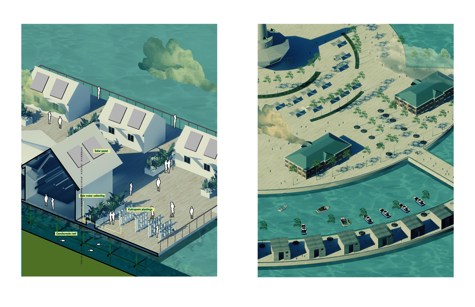 Rendered perspective showing self-sufficient neighbourhood and regional center.