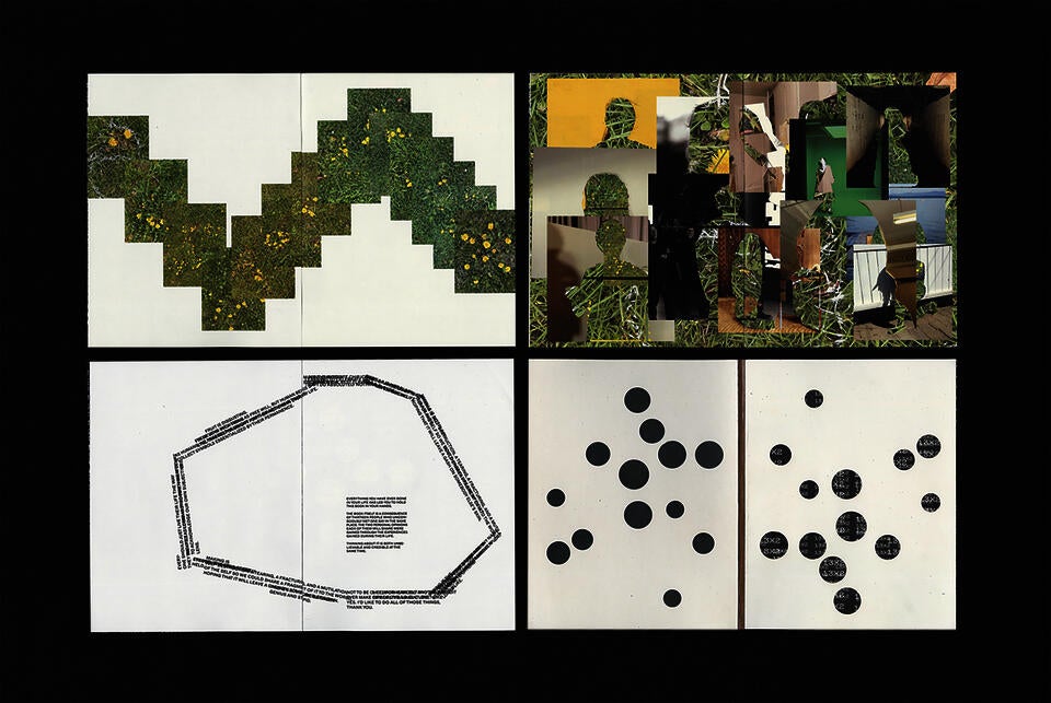 Four spreads of a publication with collages of dandelion formations, typography, and silhouettes of people. 