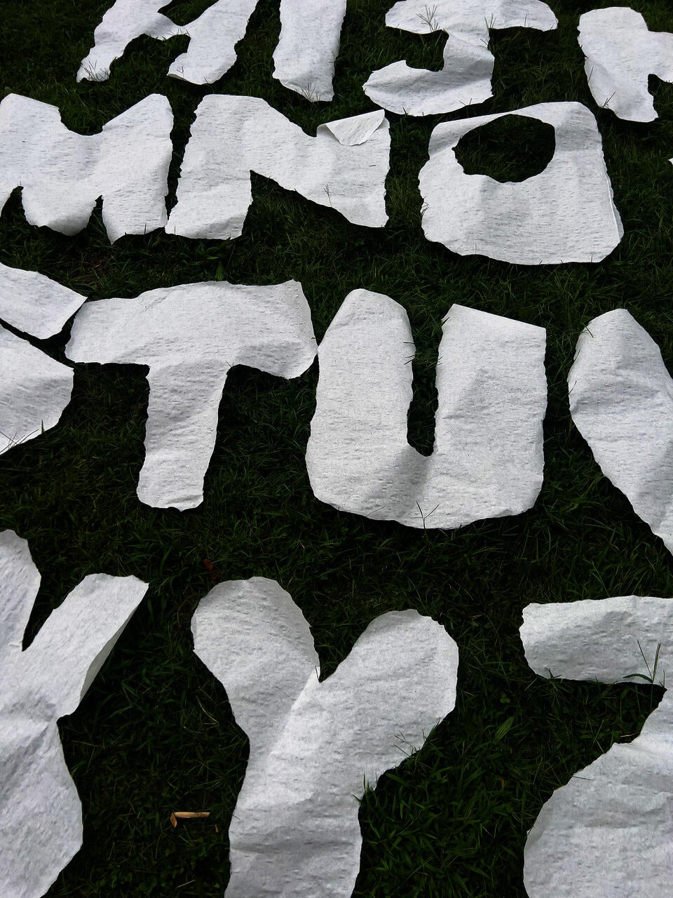 A photo of large letters of the alphabet lying on green grass.