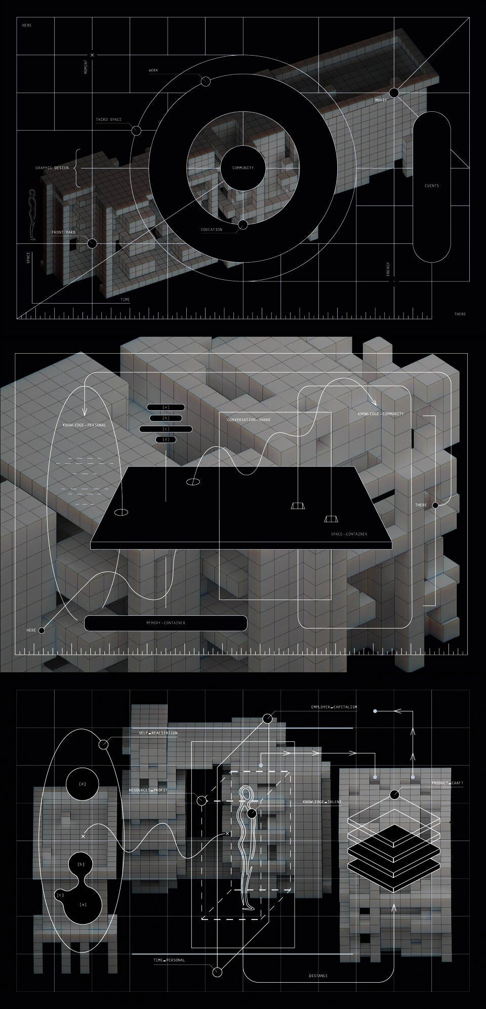 an illustration in technical style with lines, intersecting shapes and arrows