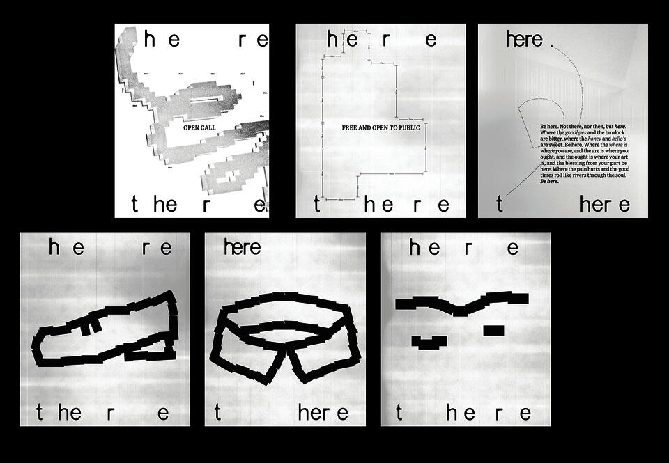 Six posters with the title "Here-there". Each word is placed in the opposite corners of a poster, giving a space for various illustrations inside. 