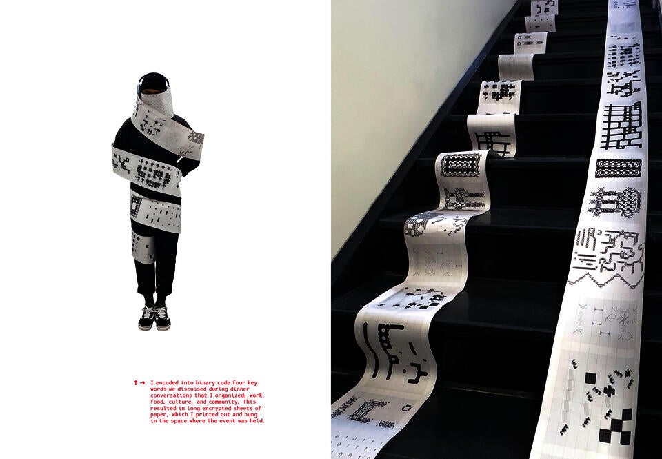 A man standing still covered in a long sheet of paper wrapped around him. On the other side of the collage are the stairs with the same two long prints falling down the stairs.