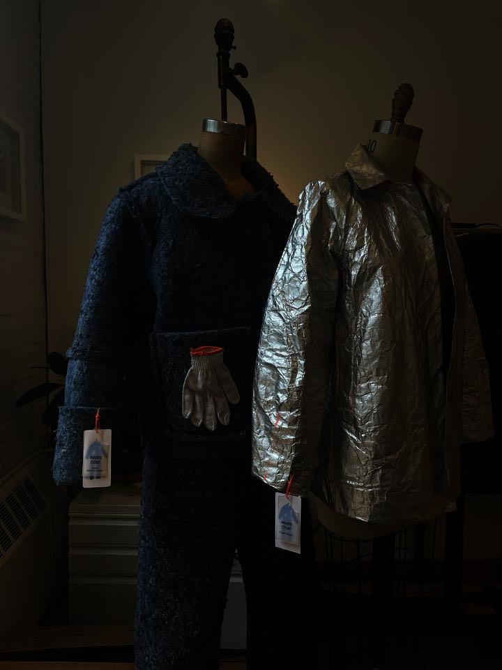 Two jackets, one made from recycled denim insulation, the other from silver Tyvek, on two mannequins with garment tags that say "Waste Coats"