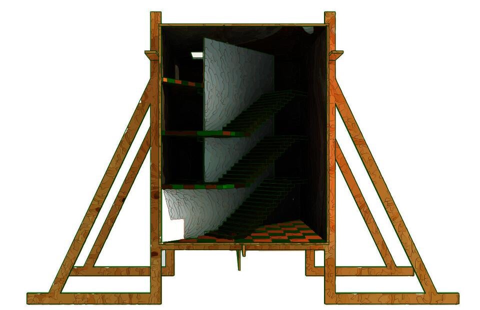 The illustration shows panels of plywood held together by triangular supports which enclose a rectangular set for a play. This set features a stairwell.