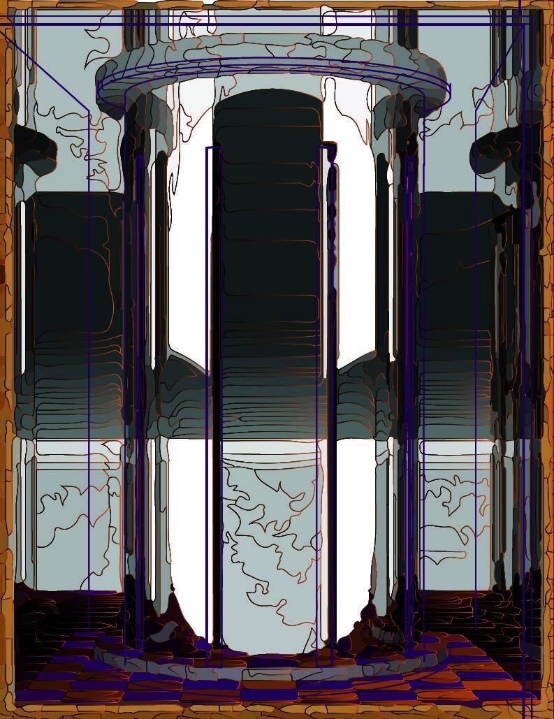 The illustration shows panels of plywood held together by triangular supports which enclose a rectangular set for a play. This set featured a mirrored room containing a mirrored cylinder room.