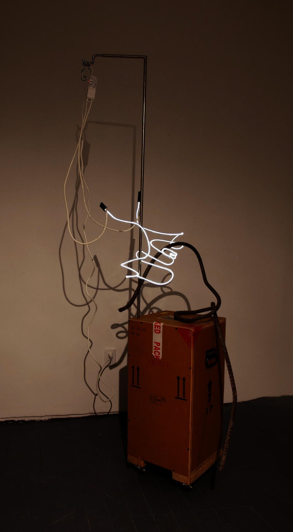 an art crate on wheels with a white light squiggle, a mangled piece of rebar, wiring, and a stainless steel hook 