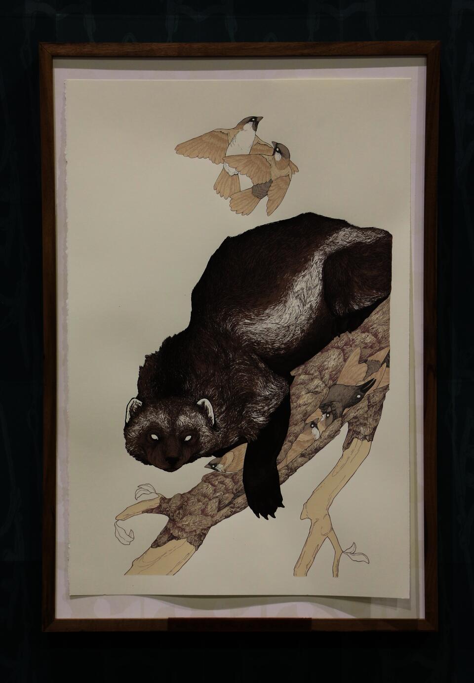 Screen print of a wolverine on tree branch, with sparrows above and below