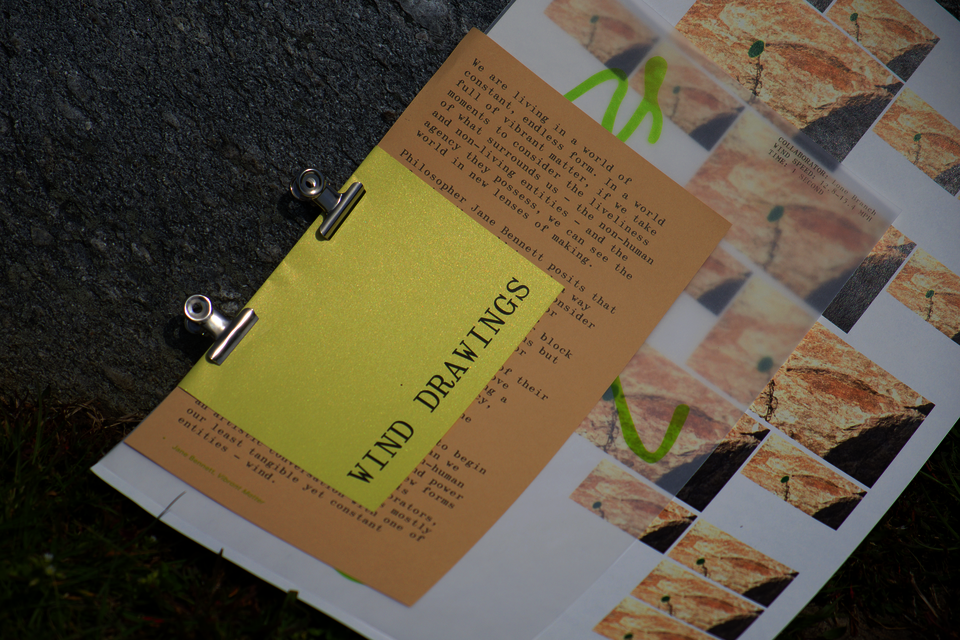 A publication held together by clips resting on a rock. 