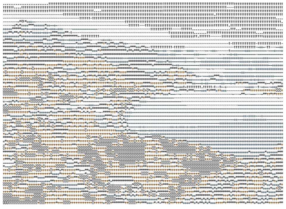 An ASCII-style image of NOAA and USGS mapping symbols, recreating an image of Dutch Harbor, Alaska