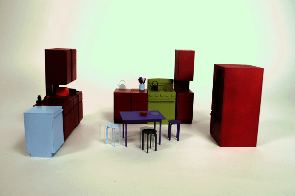 stop motion gif of objects depicting a kitchen scene, documenting the movement of objects.