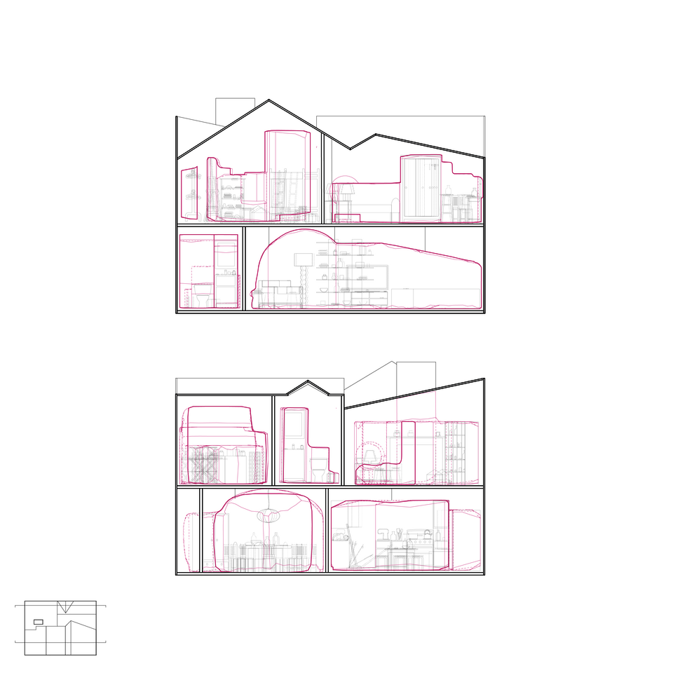 Section drawing depicting the spaces the objects create slotted into a traditional-looking dollhouse form, contrasting the two different understandings of space making.