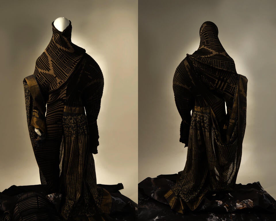 Full look images of the male garment that combines the traditional woven sari's language alongside the knit & purl language.