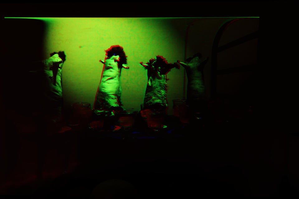 A looped video of rabbit skins standing upright and wine glasses full of pepto bismol being pushed down a hallway on a work cart.