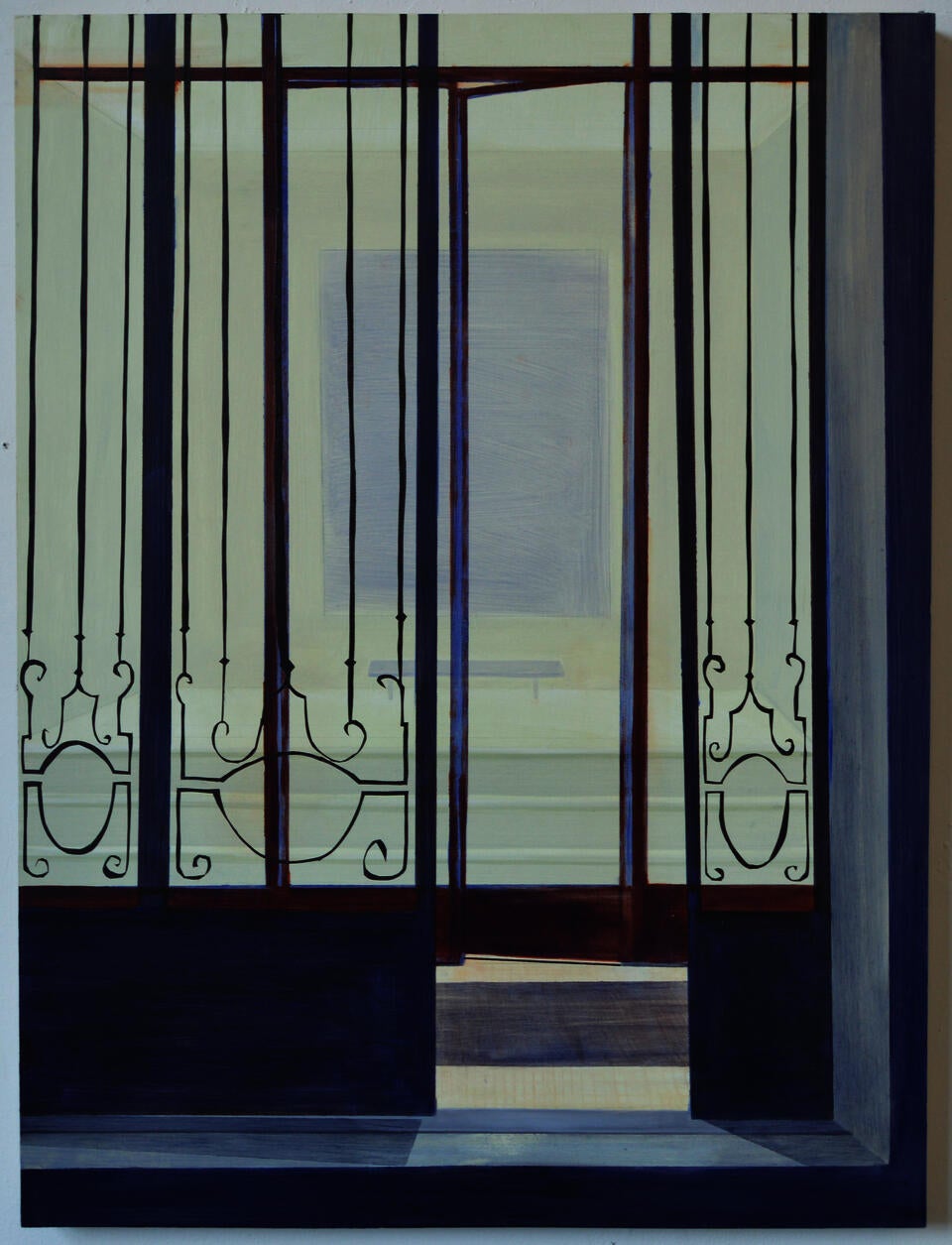 A lobby door swings slightly open. Inside the lobby are stairs, a bench, and a painting.