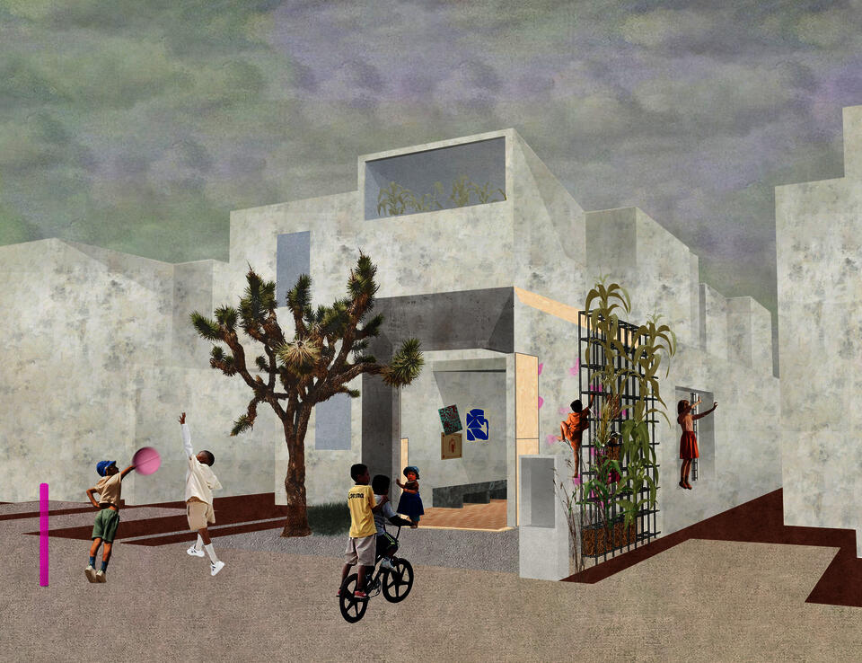 Exterior rendering of a housing unit adaptation into a learning hub 