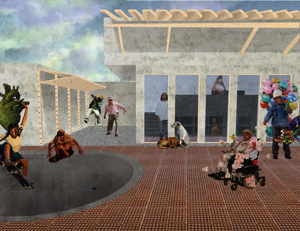 4 housing units adaptation into a community center showing exterior areas as active space 