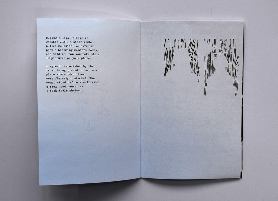 A spread from the zine with two illustrations of women's silhouettes against a wooden texture.