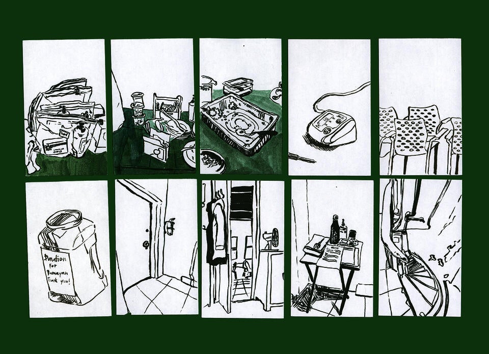 Five index cards, 3 by 5 inches each, with ink illustrations.