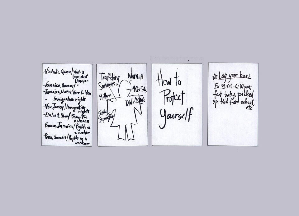 Four index cards, 3 by 5 inches each, with ink illustrations.