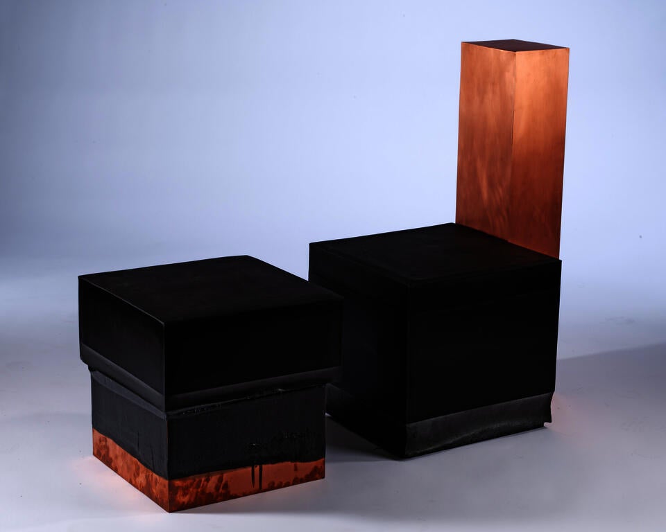 Furniture pieces made of copper & Charcool biomaterial (invented by Isabela chan & Pablo Ejarque-González)
