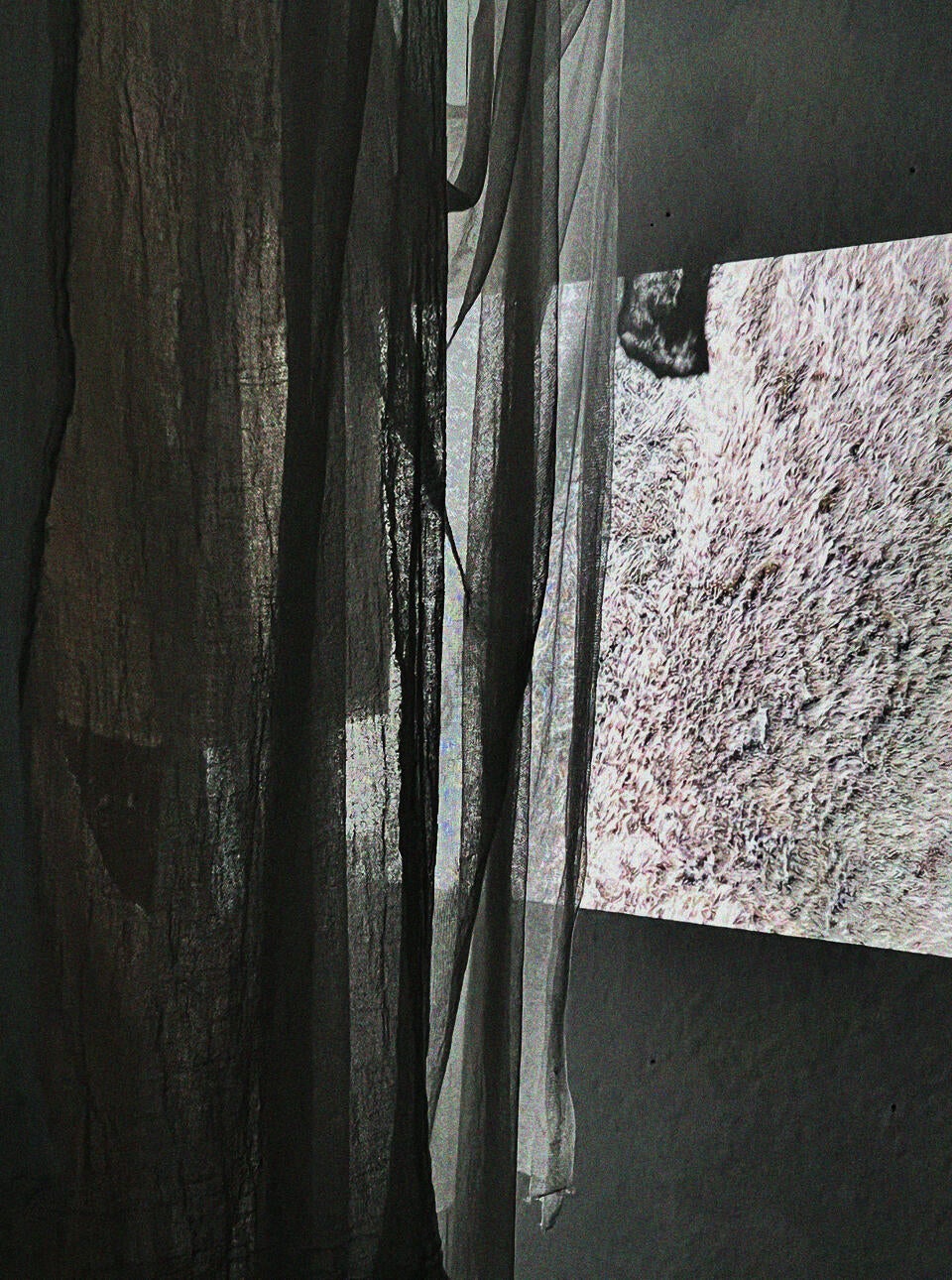 Projection, fabrics hanging, transparencies