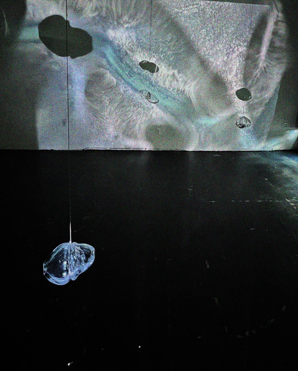 Projection, channel, and glass pieces organized in a multimedia installation
