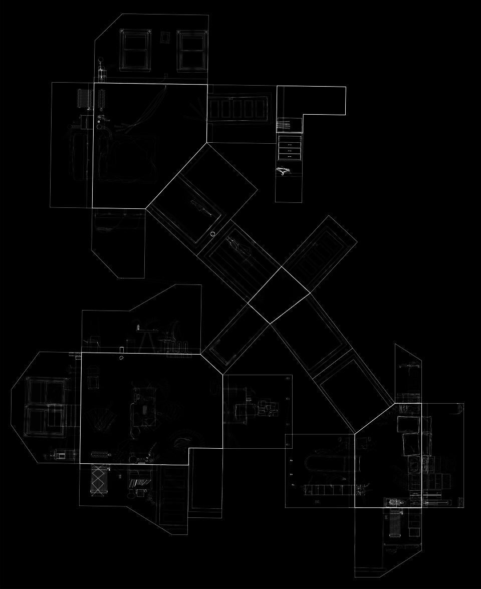 An unrolled drawing of a domestic space showing the motion of personal belongings. The drawing has a black background with white line-work.