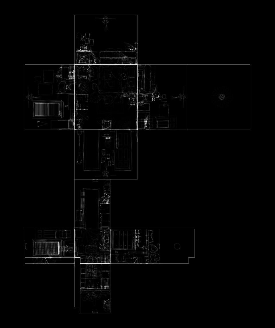 An unrolled drawing of a domestic space showing the motion of personal belongings. The drawing has a black background with white line-work.