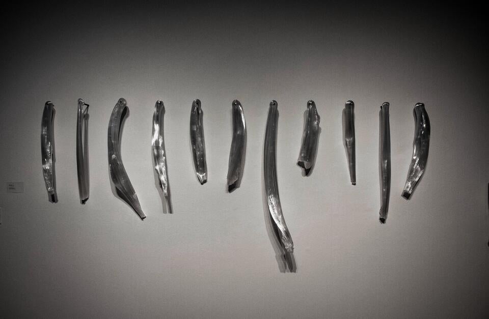 Bone Marrow, suspended on steel rods depict the action of strenuous pulling. It challenges assumptions and showcases the materiality of glass, evoking questions on glass’s limits, malleability and expressive potential.