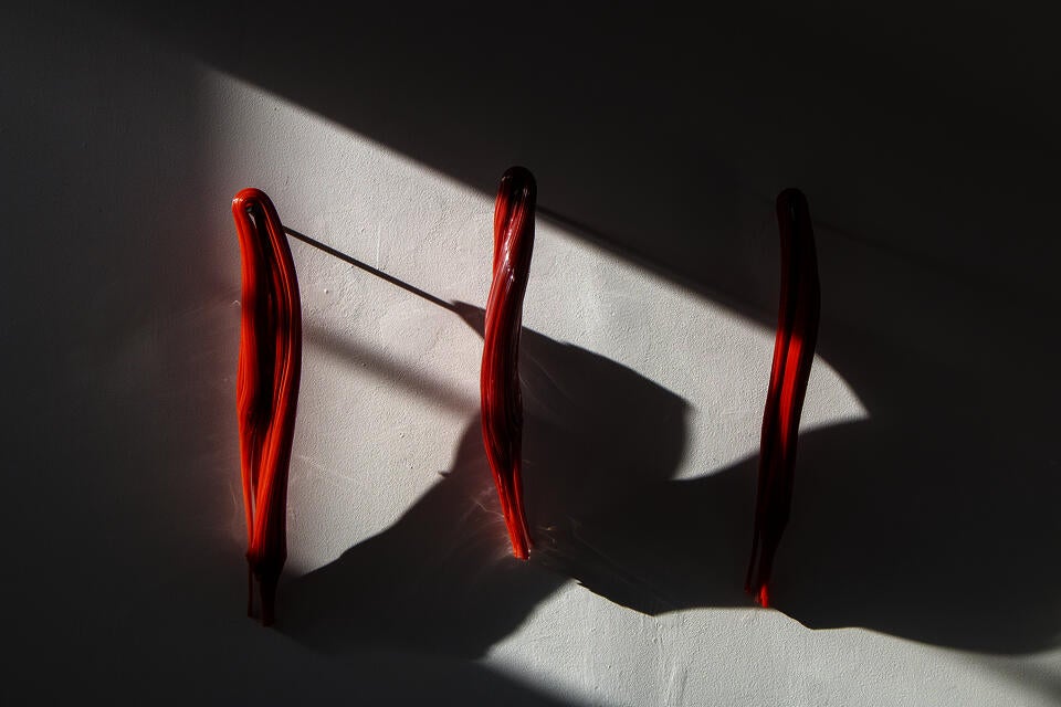 Bone Marrow Flesh extends the series, incorporating color to explore human muscle and flesh, adding corporeality to glass shaping, deepening form and substance interplay.