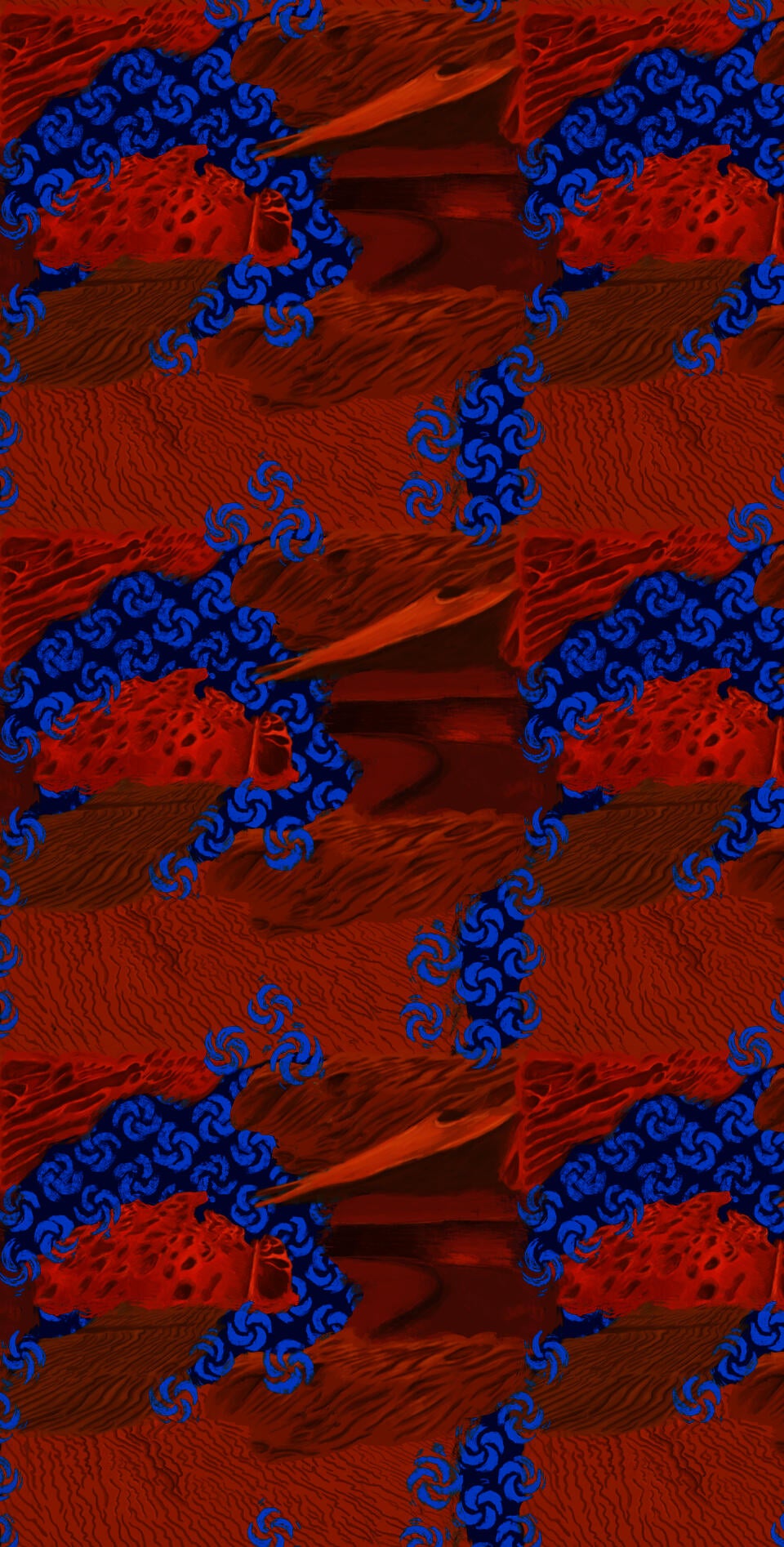 collaged desert dunes and sand in different earth tones overlapping each other, with patches of  ultramarine blue inbetween with light blue spirals on top. Tiled in repeating pattern in half drop