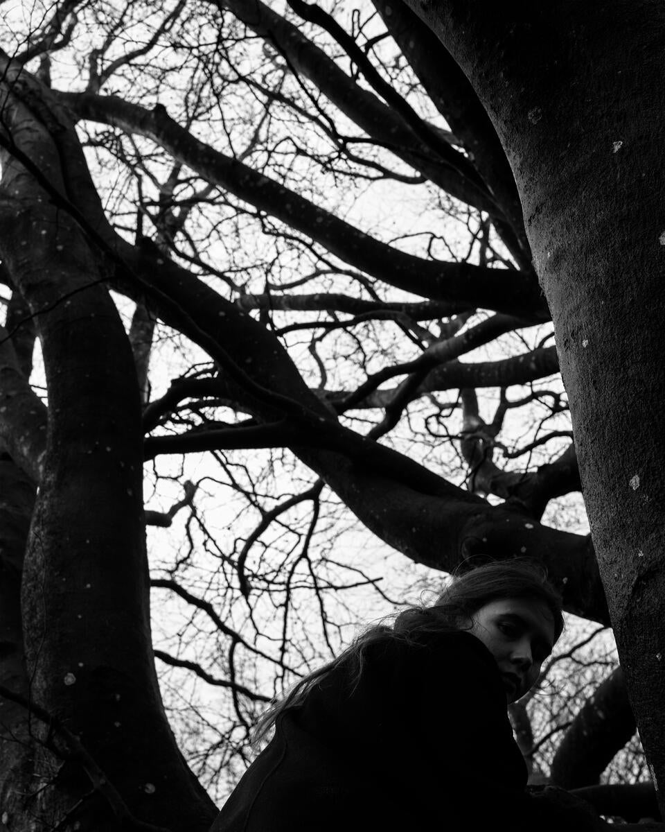 a young woman looking down while climbing a large tree.