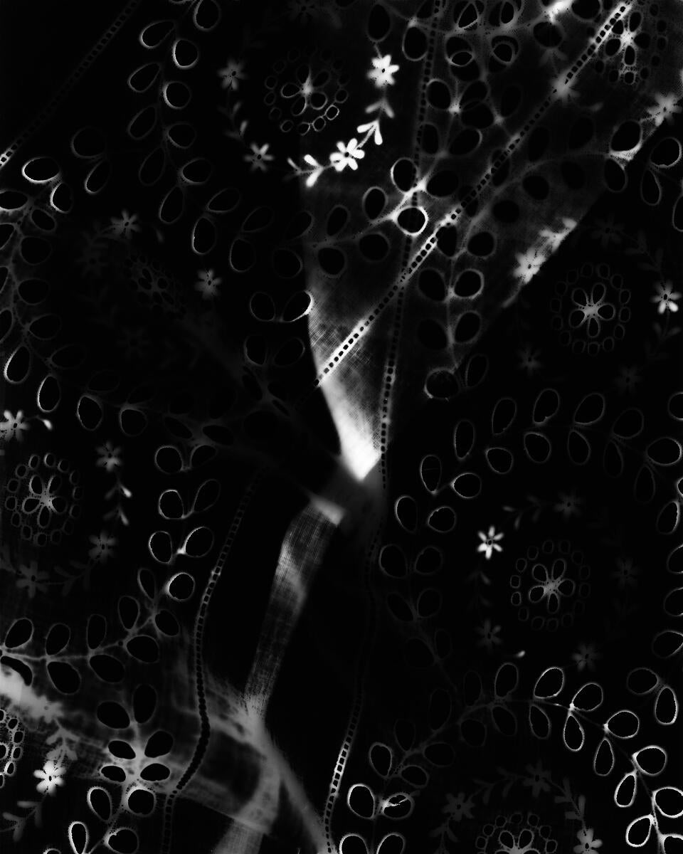 a darkroom-processed photogram print. Antique lace draped on the page