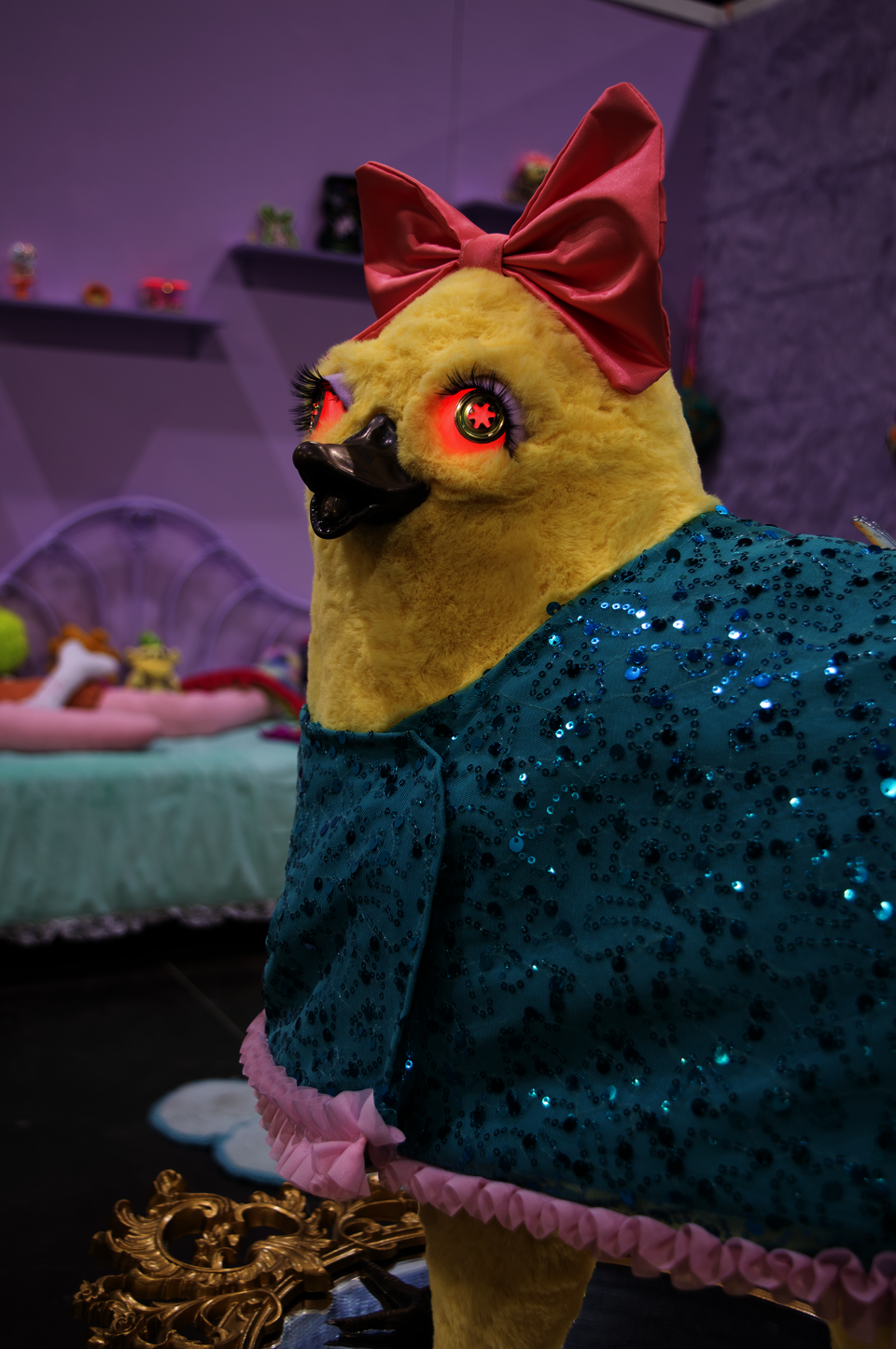 A fluffy yellow chicken horse chimera with glowing red eyes.