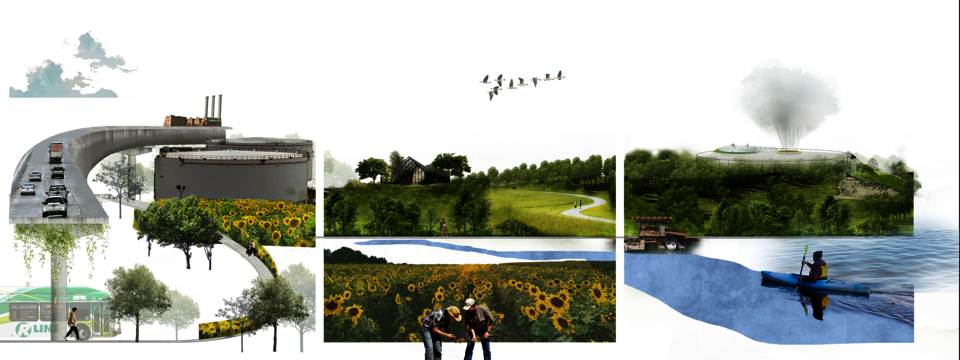 A perspective showcases the entire site with future time-planned projects and illustrates how humans will engage in these initiatives.