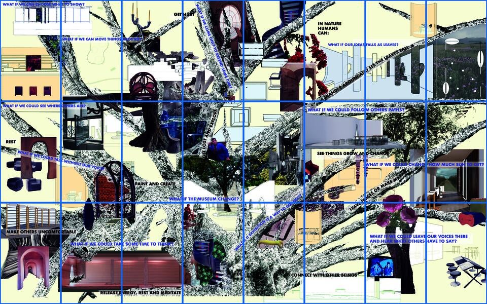 Digital collage with images and drawings of the spaces