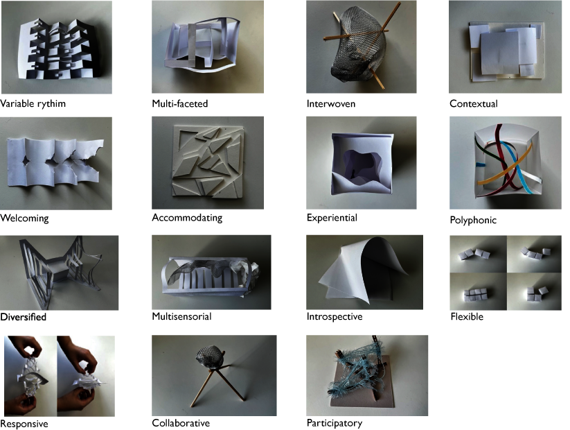 Collection of paper models with text representing principles of nature