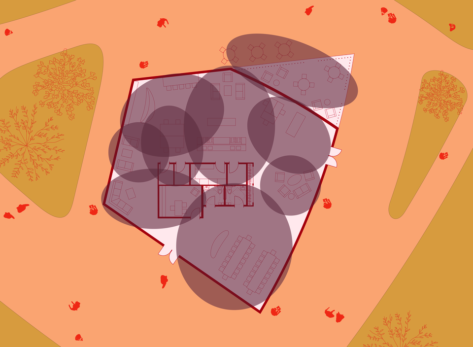 An architectural floor plan with purple circles highlighting work areas. The layout is a re-imagined restaurant that centers on the kitchen and moves dining to the side.