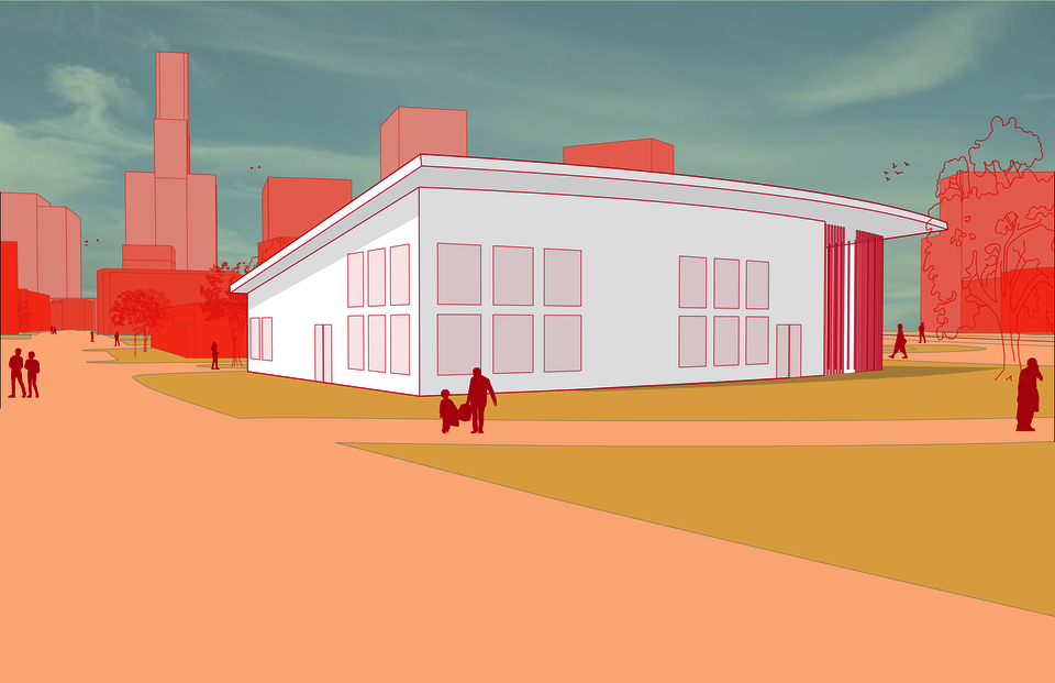 A perspective view of a one story building with a slanted roof added to Innovation Park, Providence. The background buildings and surrounding paths and greenspace are all orange and yellow.