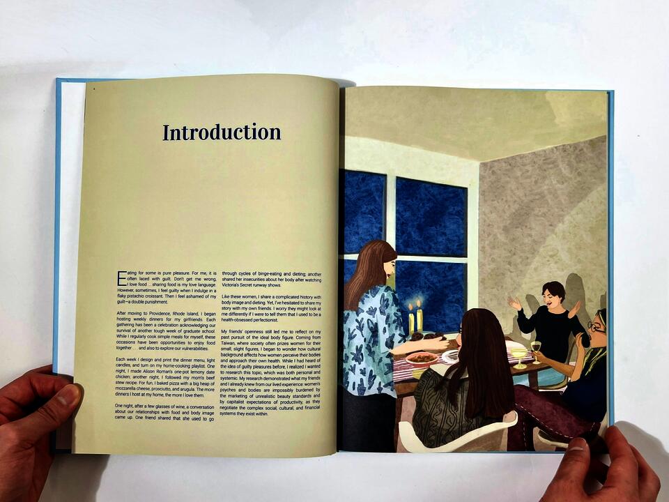 A photograph of the spread of the Introduction Page featuring an illustration of a home dinner scene on the right side and text on the left page.