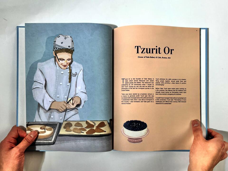 A photograph of a book spread featuring an illustrated woman pastry chef on the left page, and an interview profile of the owner of Tatte Bakery