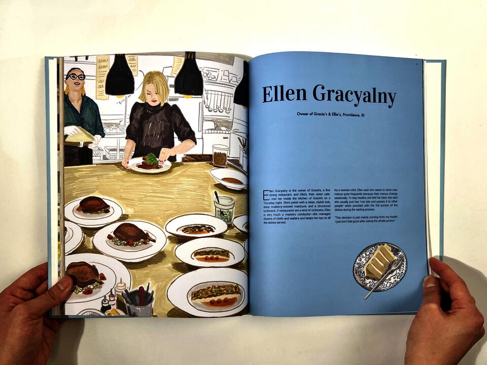 A photograph of a book spread featuring women in the kitchen on the left page, and an interview profile of Ellen Gracyalny on the right.