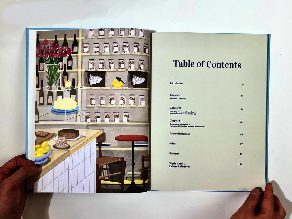 A photograph of the spread of "Table of Contents" featuring illustration on the left side and text on the right page.