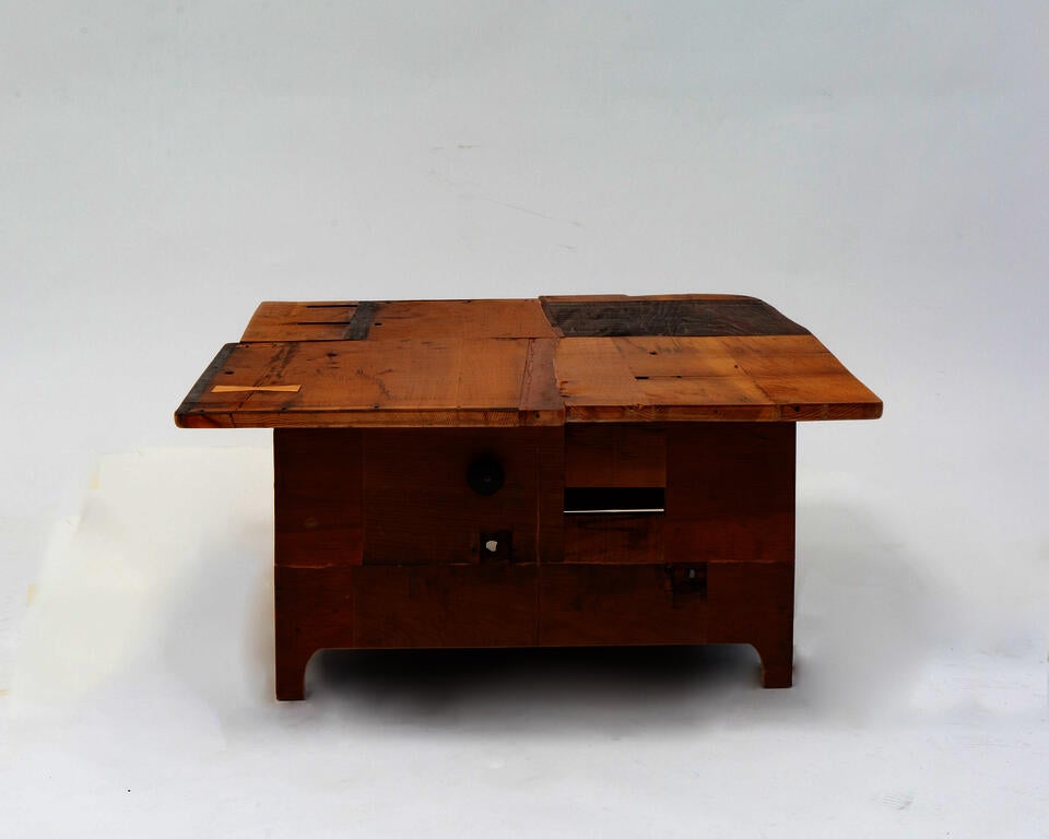 A coffee table made from the deconstructed materials of a found pine dresser 
